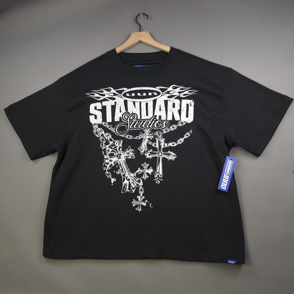 OUUR Standard Studios Mens XL Black Gothic Cross Chains Boxy Heavyweight Tee NWT